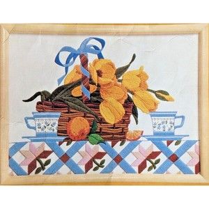Vintage Crewel Kit Spring Bouquet 12”x16” Still Life w/ Tulips Orange & Quilt